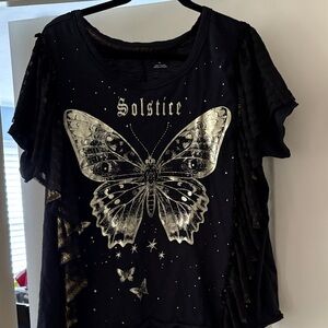 Pilcro Black Tee with Silver Butterfly Design